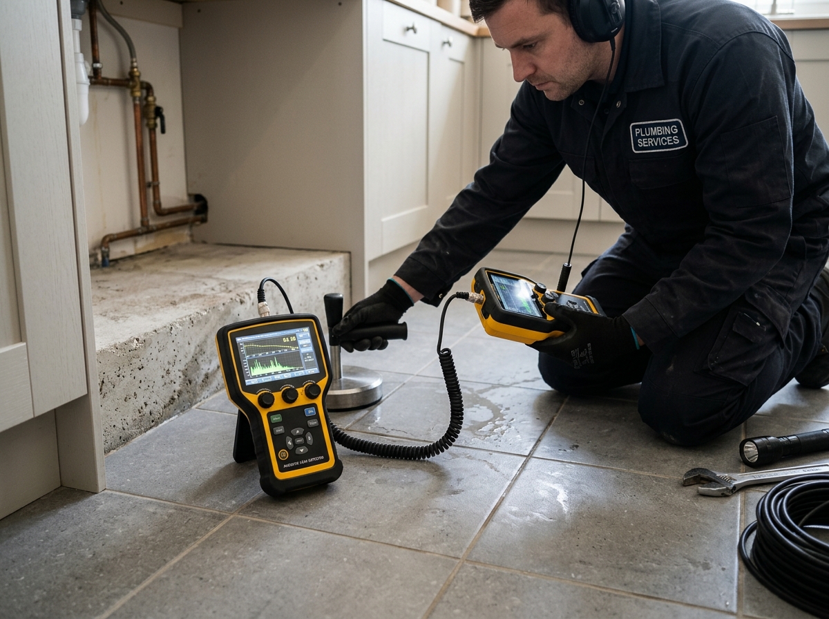 Plumber using acoustic leak listening device and headphones to locate pipe leak beneath slab in Rio Rancho